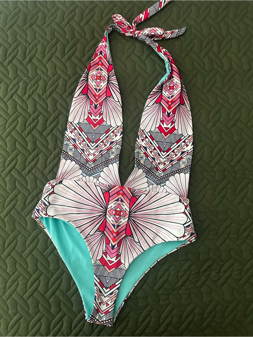 Cupshe Pink Aqua Floral Halter One-Piece Swimsuit